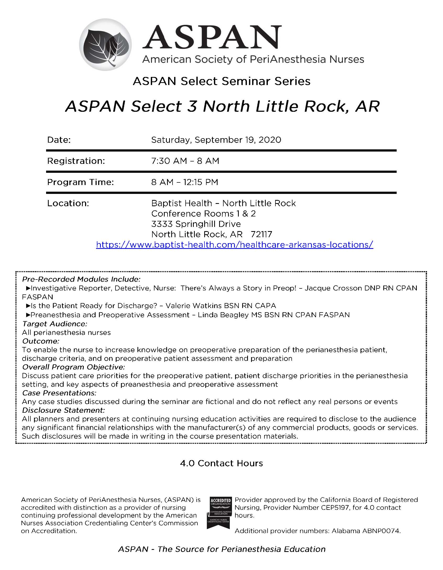 ASPAN Learn ASPAN Select 3 North Little Rock, AR (AS3NAR2091) 4.0 CH