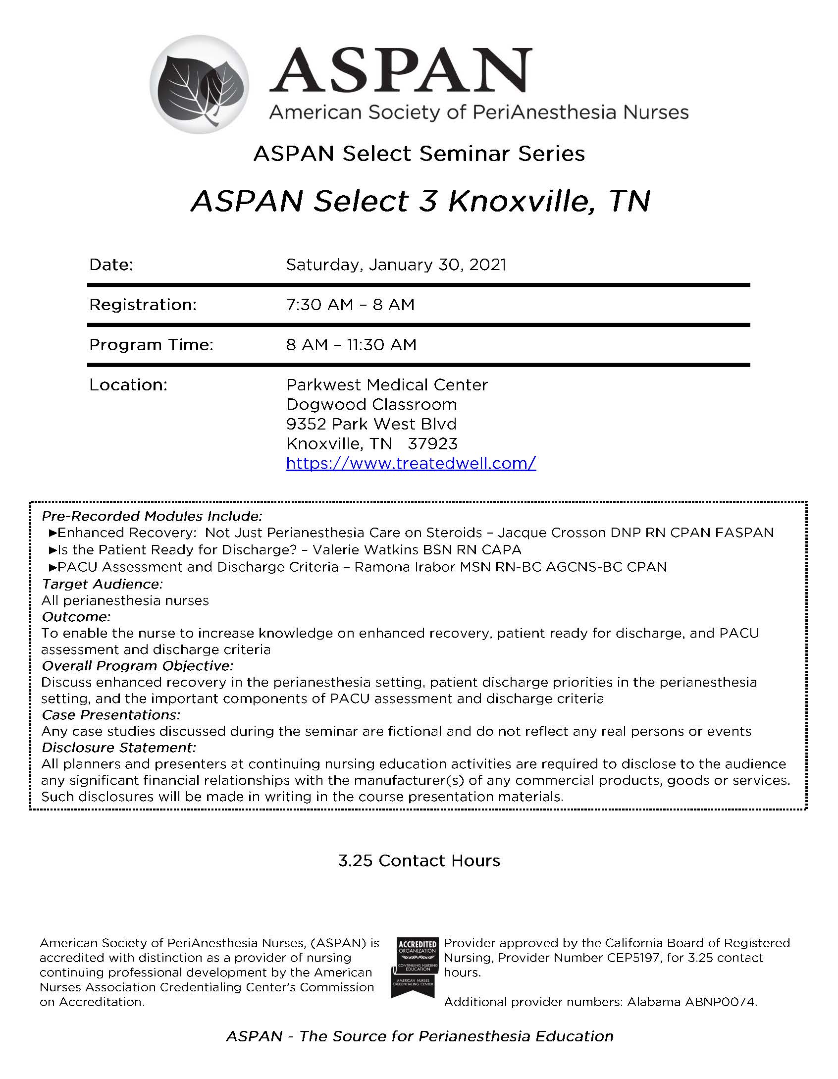 ASPAN Learn: ASPAN Select 3 Knoxville, TN (AS3KTN2144) 3.25 CH ...