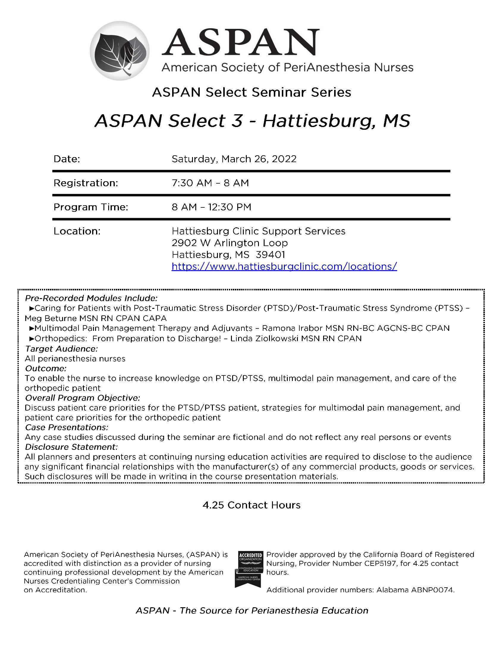 ASPAN Learn: ASPAN Select 3 - Hattiesburg, MS (AS3HMS2243) 4.25 CH ...